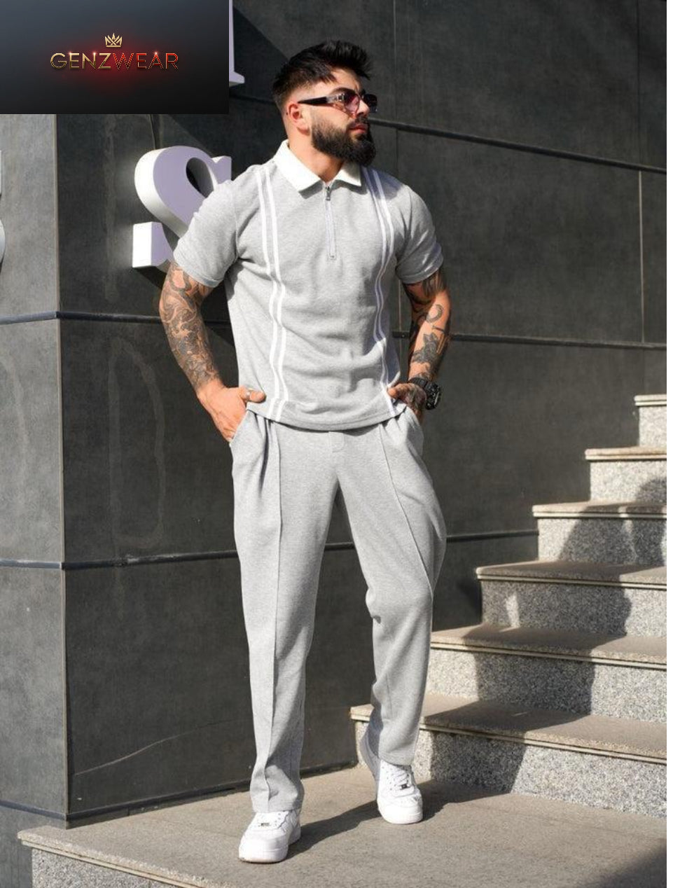 Men’s Zip Polo & Trousers Set Smart Casual Two-Piece