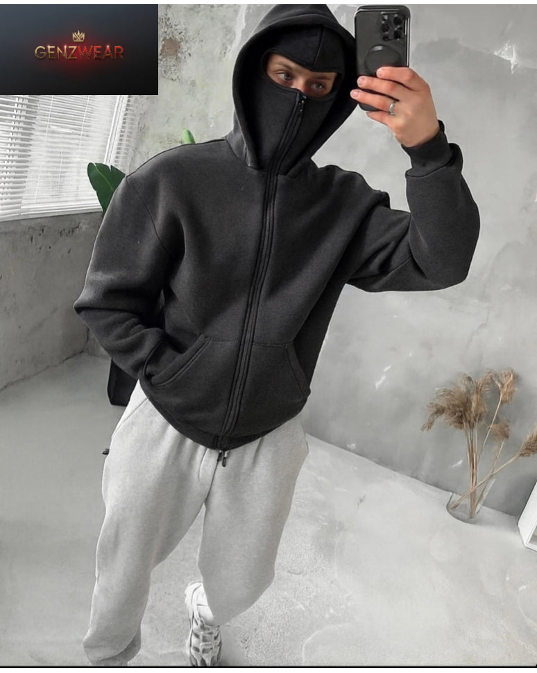 Men’s Techwear Full-Zip Hoodie with Built-In Mask – Streetwear Edition