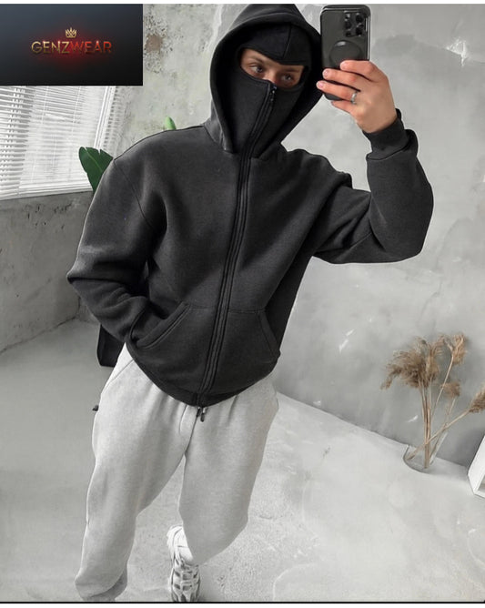 Men’s Techwear Full-Zip Hoodie with Built-In Mask – Streetwear Edition