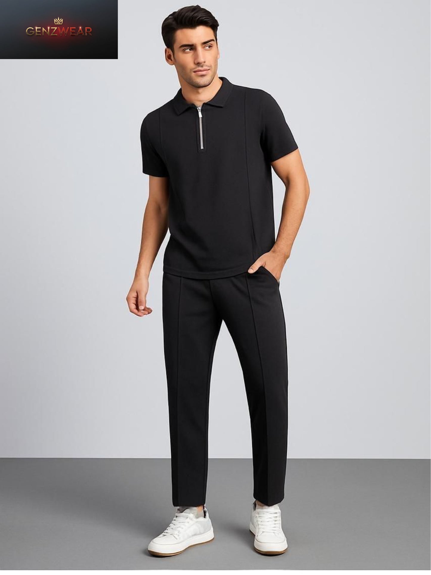 GENZWEAR Zip-Collar Polo Shirt & Tailored Trousers – Modern Men’s Smart-Casual Set