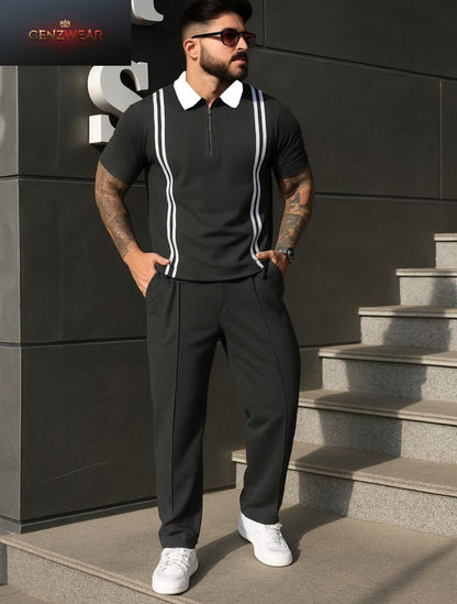 Men’s Zip Polo & Trousers Set  Smart Casual Two-Piece