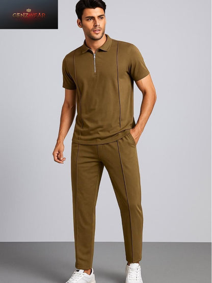 GENZWEAR Zip-Collar Polo Shirt & Tailored Trousers – Modern Men’s Smart-Casual Set