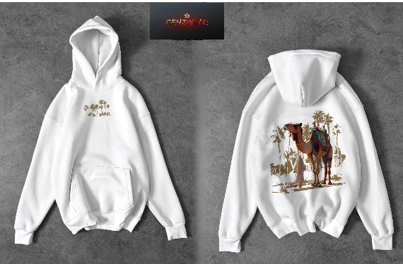 Desert Heritage Camel Hoodie – Arabic Calligraphy & Nomadic Art Design