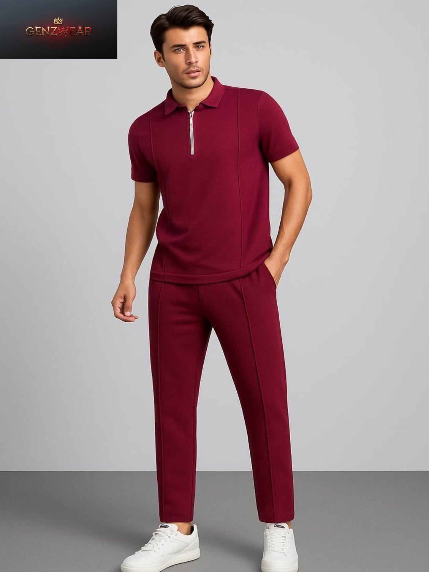 GENZWEAR Zip-Collar Polo Shirt & Tailored Trousers – Modern Men’s Smart-Casual Set
