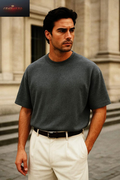 Premium Ribbed Dark Grey T-Shirt – Effortless Sophistication