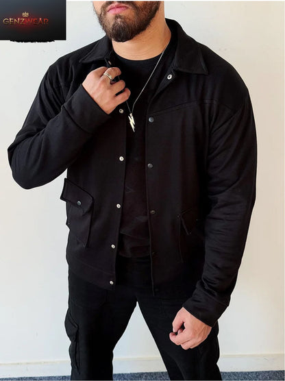 Classic Black Streetwear Snap-Button Jacket – Minimalist Urban Style for Men