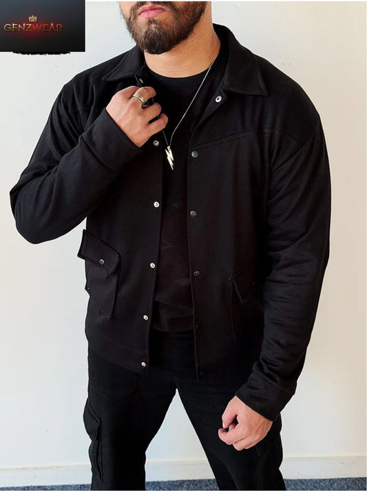 Classic Black Streetwear Snap-Button Jacket – Minimalist Urban Style for Men